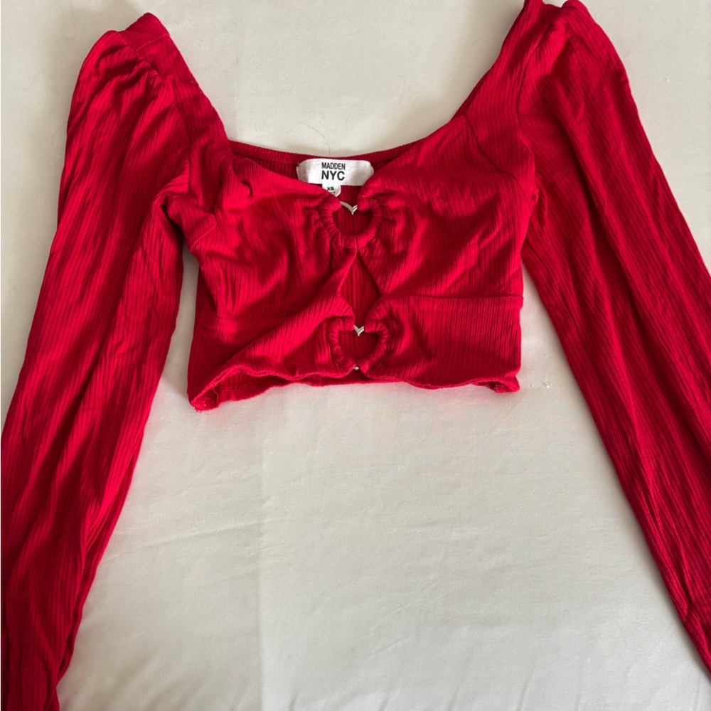 Madden NYC Red Long Sleeve Heart Crop Top